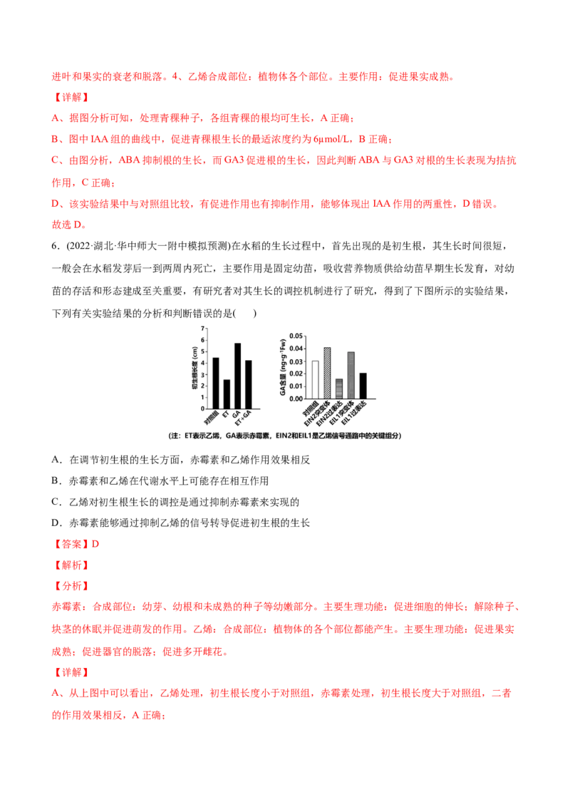 专题10植物生命活动的调节-2022年高考真题和模拟题生物分专题训练（教师版含解析）_2024年新高考资料_1.2024一轮复习_赠2022年高考生物真题与模拟题分类