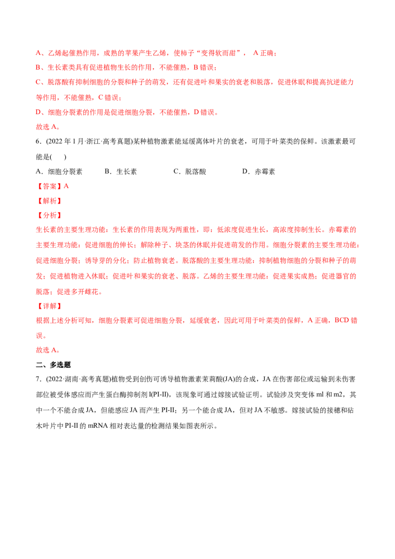 专题10植物生命活动的调节-2022年高考真题和模拟题生物分专题训练（教师版含解析）_2024年新高考资料_1.2024一轮复习_赠2022年高考生物真题与模拟题分类