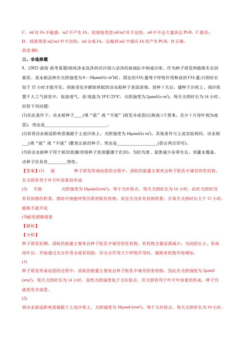 专题10植物生命活动的调节-2022年高考真题和模拟题生物分专题训练（教师版含解析）_2024年新高考资料_1.2024一轮复习_赠2022年高考生物真题与模拟题分类