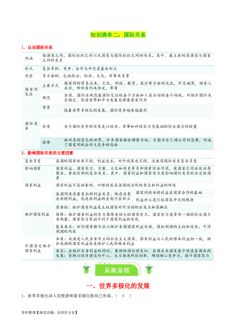 专题29多极化趋势_新高考复习资料_2024年新高考资料_一轮复习资料_口袋书2024年高考政治一轮复习知识清单（新高考通用）