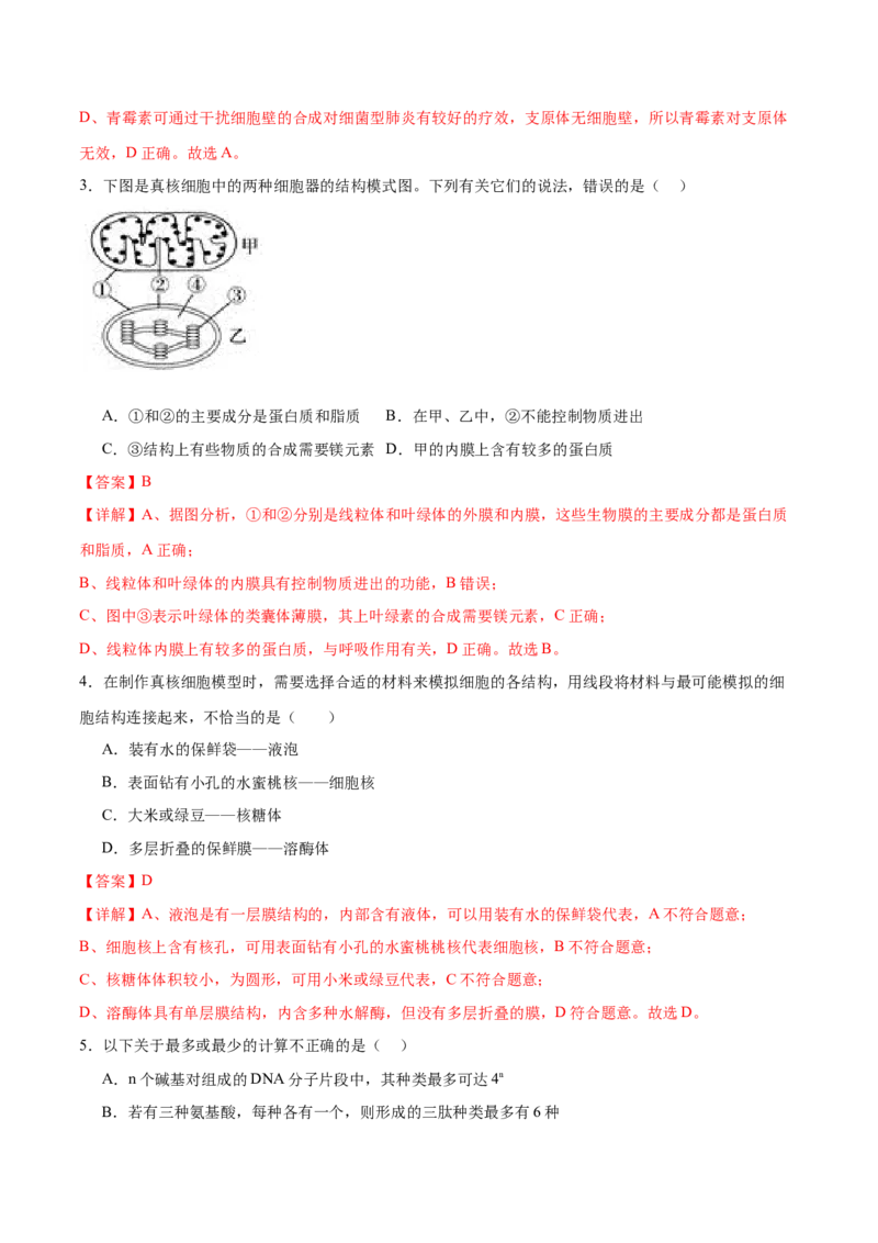 专题一细胞的物质基础和结构基础（测试）（解析版）_2024年新高考资料_2.2024二轮复习_2024年高考生物二轮复习讲练测（新教材新高考）