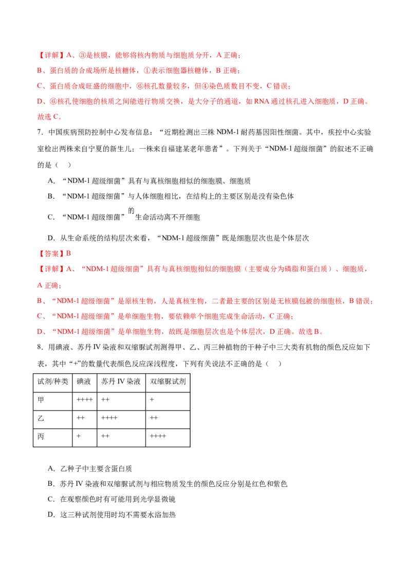 专题一细胞的物质基础和结构基础（测试）（解析版）_2024年新高考资料_2.2024二轮复习_2024年高考生物二轮复习讲练测（新教材新高考）