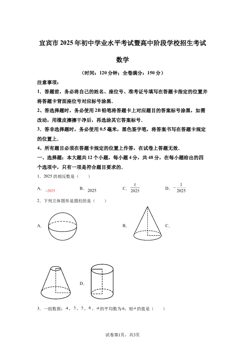 2025年四川省宜宾市中考数学试题_2.2015-2025年中考数学_2.2025各省市数学_四川