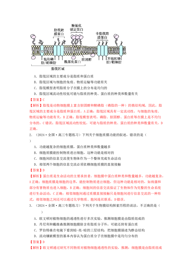 专题05细胞膜与细胞核（解析版）_2024年新高考资料_1.2024一轮复习_备战2024年高考生物一轮复习抢分特训（全国通用）