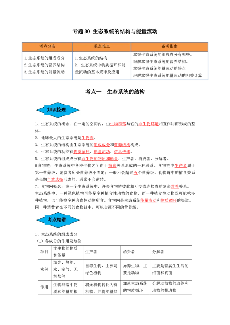 专题30生态系统的结构与能量流动（串讲）（解析版）_2024年新高考资料_1.2024一轮复习_备战2024年高考生物一轮复习串讲精练（新高考专用）