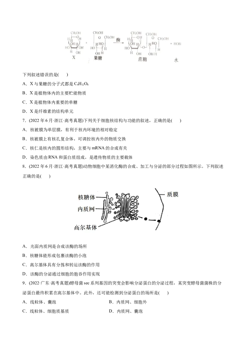 专题01细胞的分子组成以及结构和功能-2022年高考真题和模拟题生物分专题训练（学生版）_2024年新高考资料_1.2024一轮复习_赠2022年高考生物真题与模拟题分类