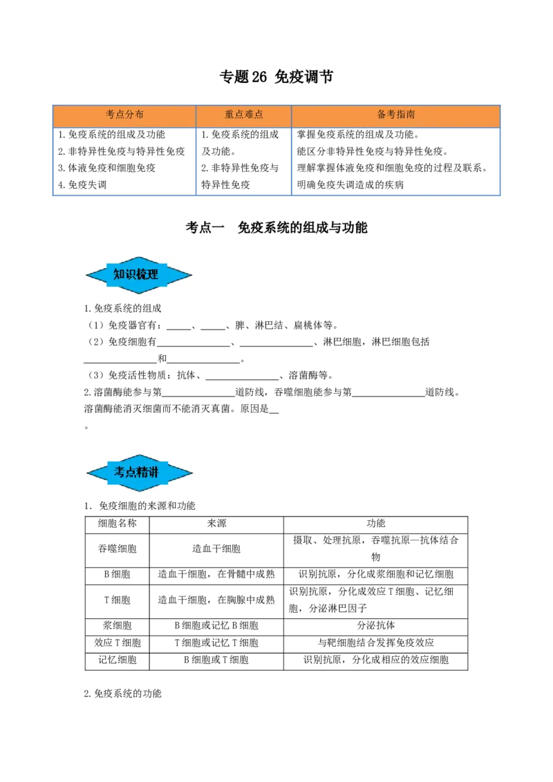 专题26免疫调节（串讲）（原卷版）_2024年新高考资料_1.2024一轮复习_备战2024年高考生物一轮复习串讲精练（新高考专用）
