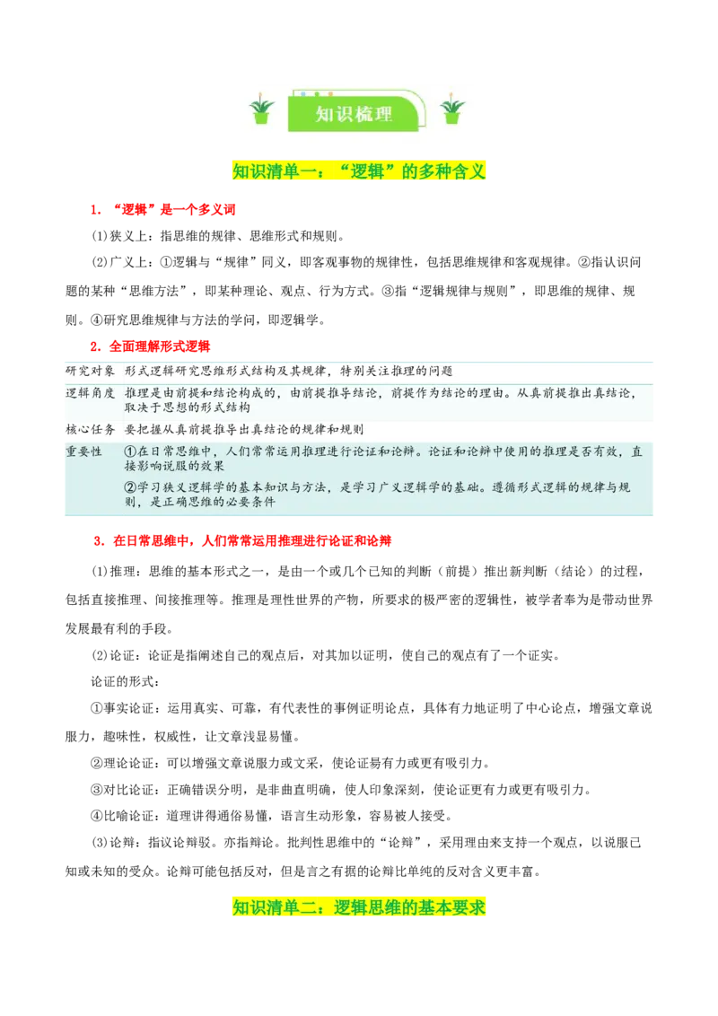 专题47把握逻辑要义_新高考复习资料_2024年新高考资料_一轮复习资料_口袋书2024年高考政治一轮复习知识清单（新高考通用）