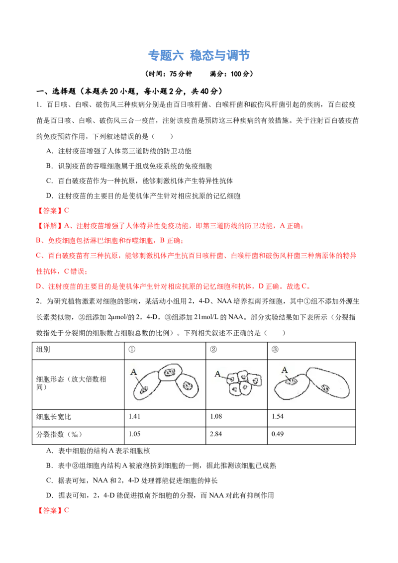 专题六稳态与调节（测试）（解析版）_2024年新高考资料_2.2024二轮复习_2024年高考生物二轮复习讲练测（新教材新高考）