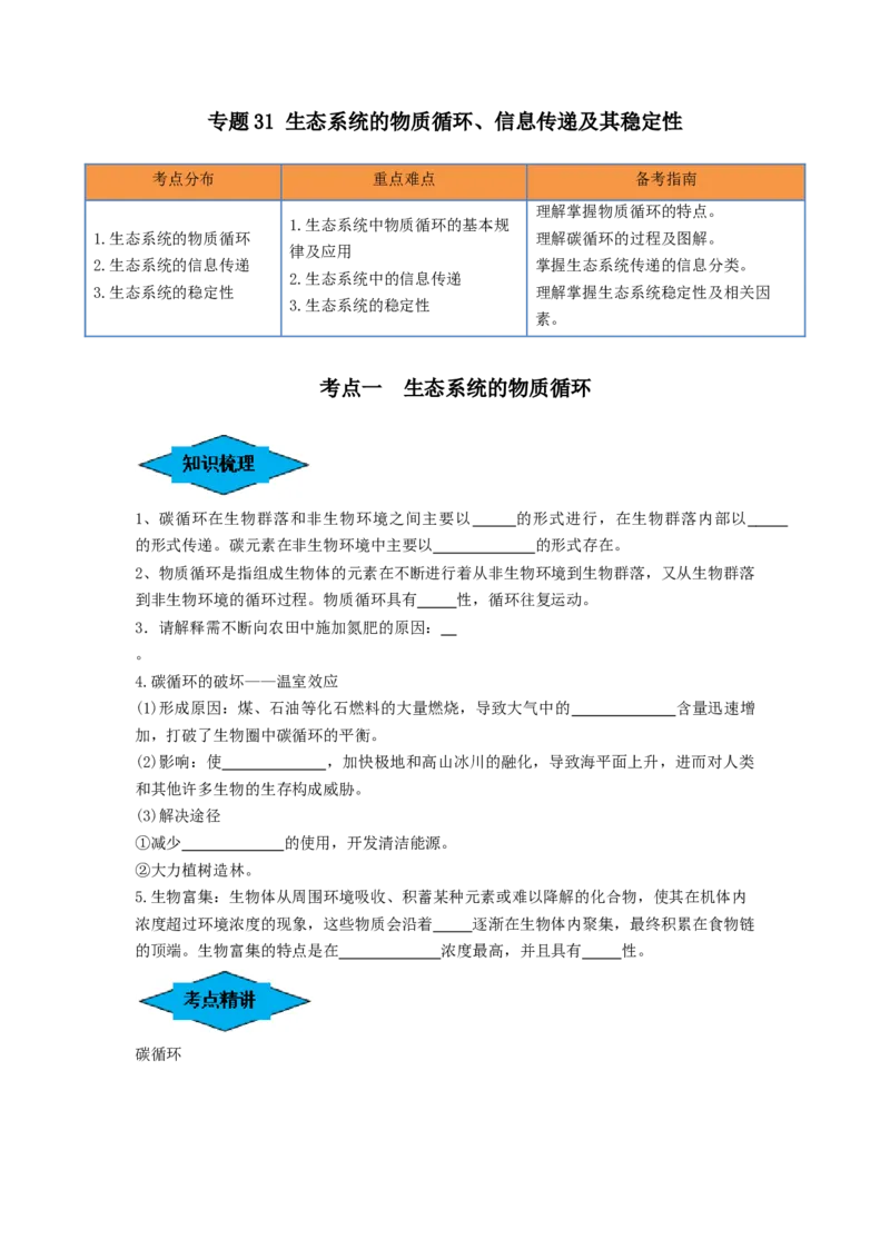 专题31生态系统的物质循环、信息传递及其稳定性（串讲）（原卷版）_2024年新高考资料_1.2024一轮复习_备战2024年高考生物一轮复习串讲精练（新高考专用）