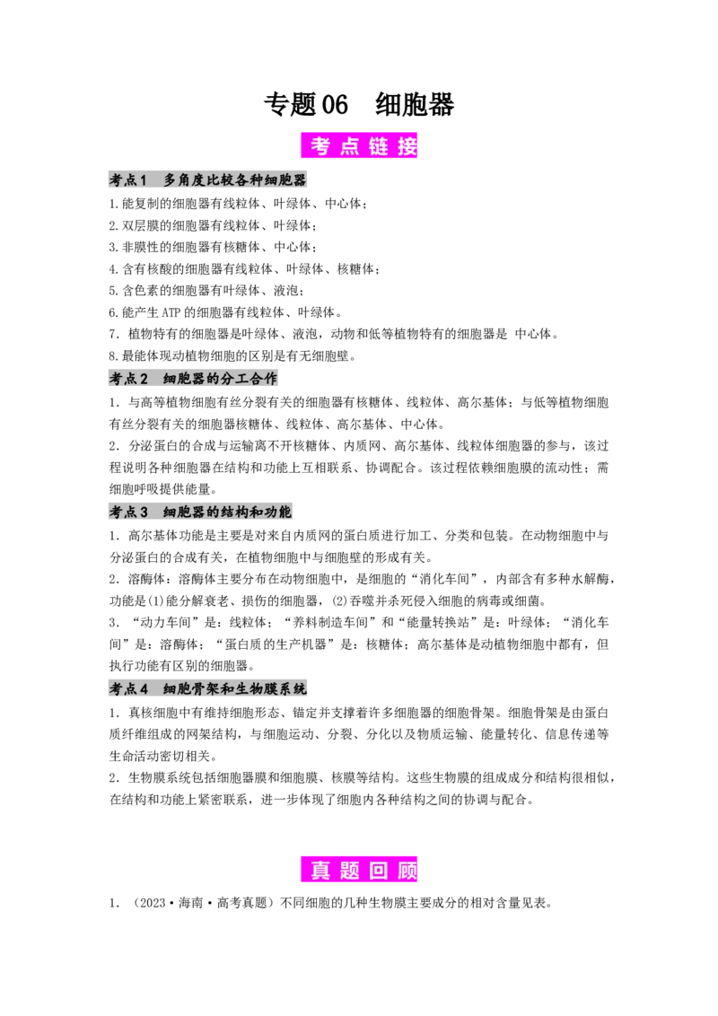 专题06细胞器（原卷版）_2024年新高考资料_1.2024一轮复习_备战2024年高考生物一轮复习抢分特训（全国通用）_专题06细胞器-备战2024年高考生物一轮复习抢分特训（全国通用）