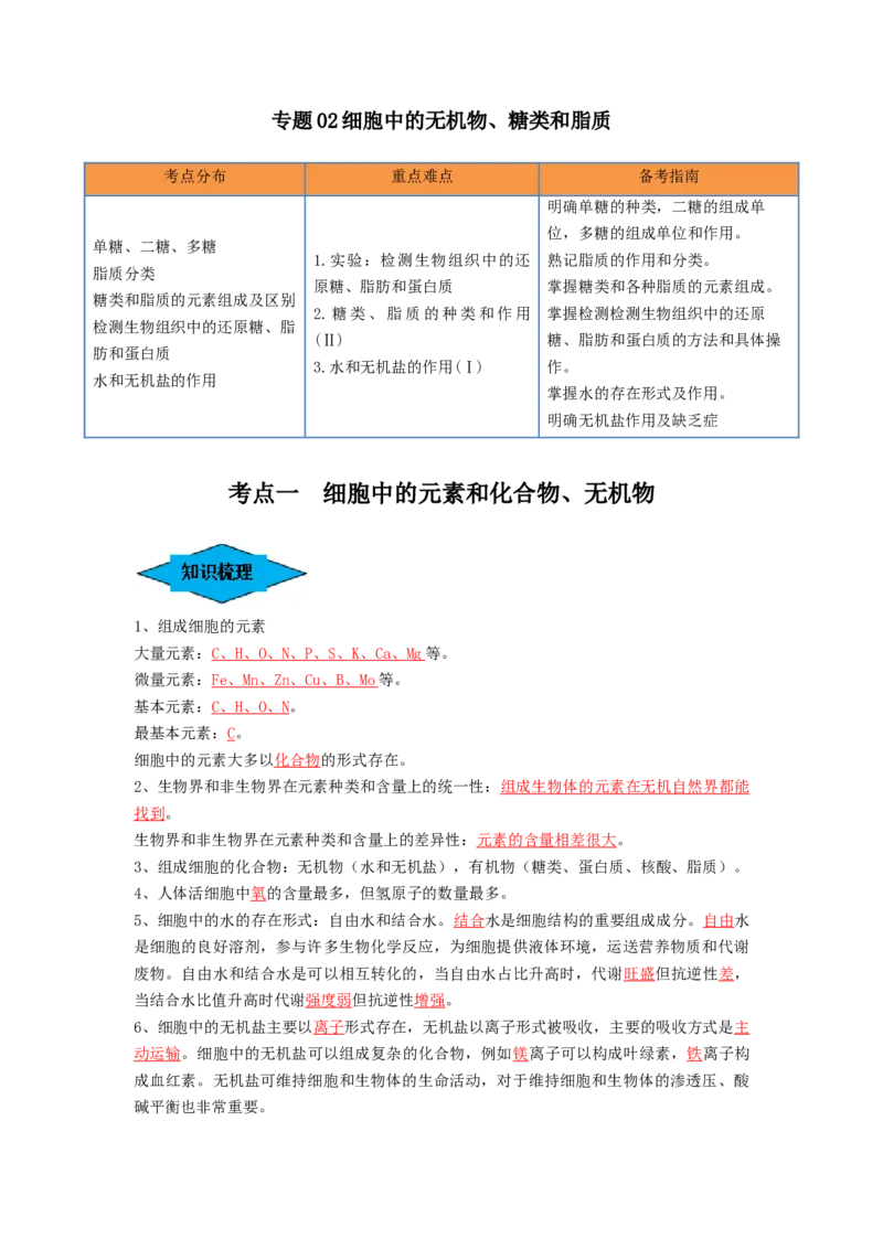 专题02细胞中的无机物、糖类和脂质（串讲）（解析版）_2024年新高考资料_1.2024一轮复习_备战2024年高考生物一轮复习串讲精练（新高考专用）