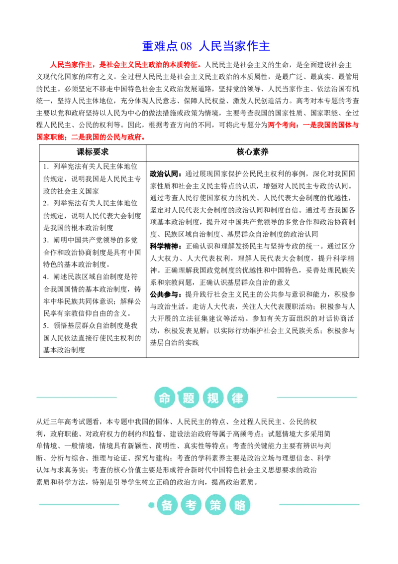 重难点08人民当家作主（原卷版）_新高考复习资料_2024年新高考资料_专项复习资料_❤2024年高考政治热点&middot;重点&middot;难点专练（新高考专用）_重难点