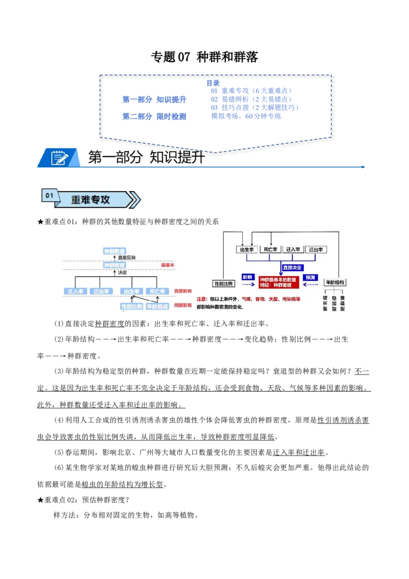 专题07种群和群落（原卷版）_2024年新高考资料_3.2024专项复习_2024年高考生物热点&middot;重点&middot;难点专练（上海专用）