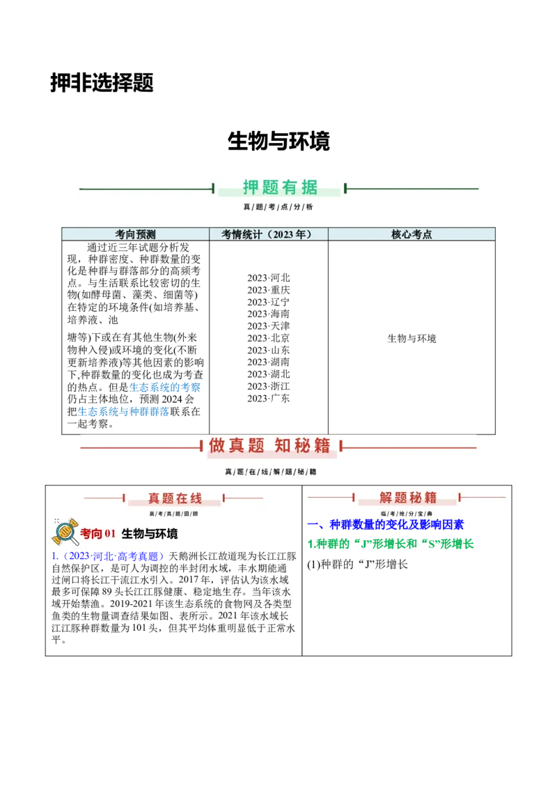 押新高考卷生物与环境（原卷版）-备战2024年高考生物临考题号押题（新高考通用）(1)_2024年新高考资料_5.2024三轮冲刺_备战2024年高考生物临考题号押题（新高考通用）322745222