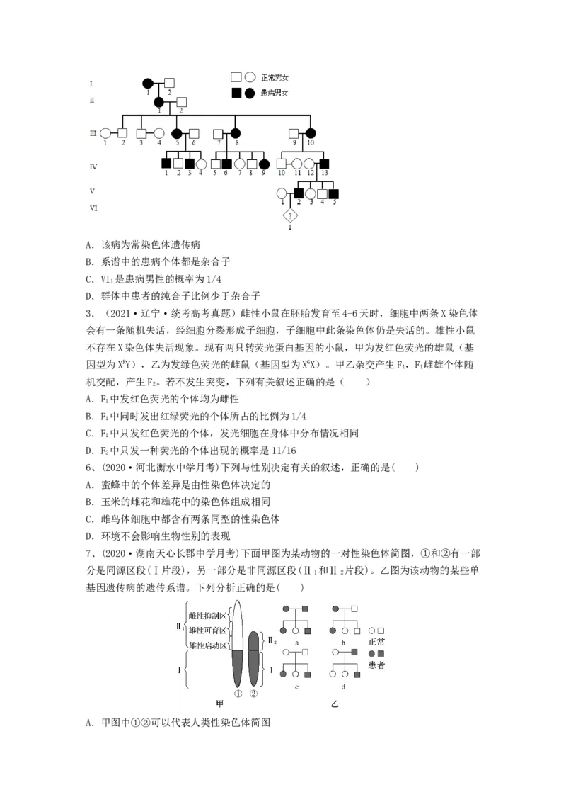 专题16基因在染色体上、伴性遗传和人类遗传病（精练）（原卷版）_2024年新高考资料_1.2024一轮复习_备战2024年高考生物一轮复习串讲精练（新高考专用）