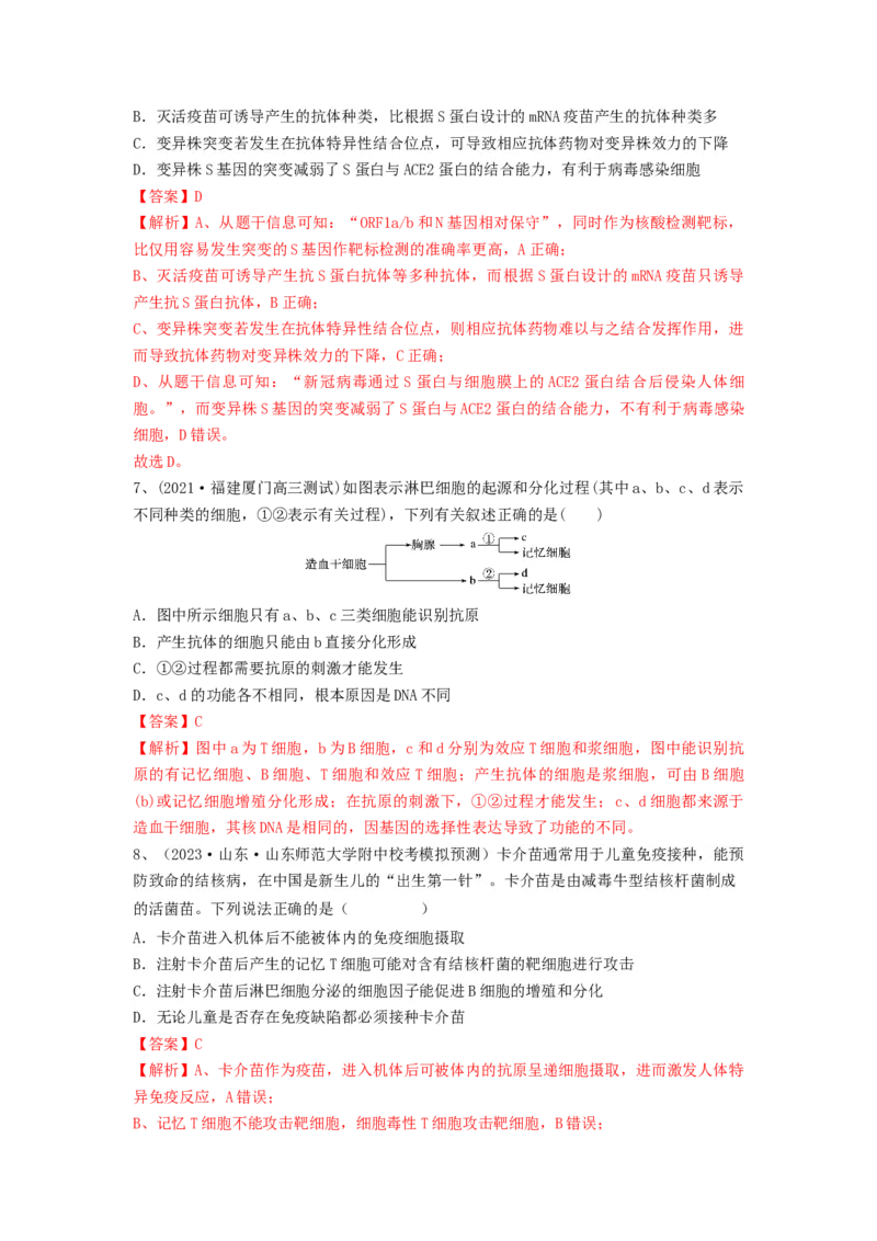 专题26免疫调节（精练）（解析版）_2024年新高考资料_1.2024一轮复习_备战2024年高考生物一轮复习串讲精练（新高考专用）