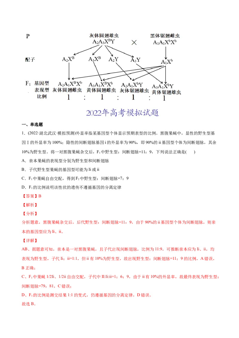 专题06基因的分离定律和自由组合定律-2022年高考真题和模拟题生物分专题训练（教师版含解析）_2024年新高考资料_1.2024一轮复习_赠2022年高考生物真题与模拟题分类
