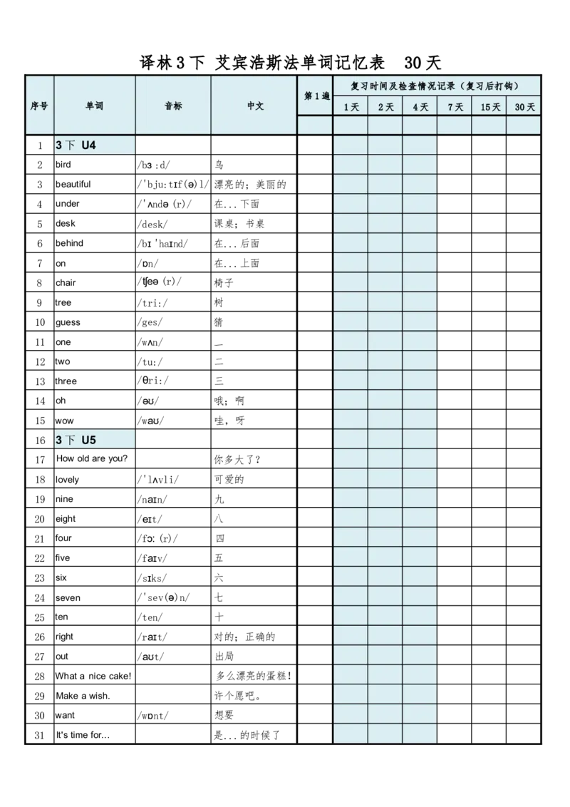 30天单词记忆表_三下译林版2026英语_单词默写