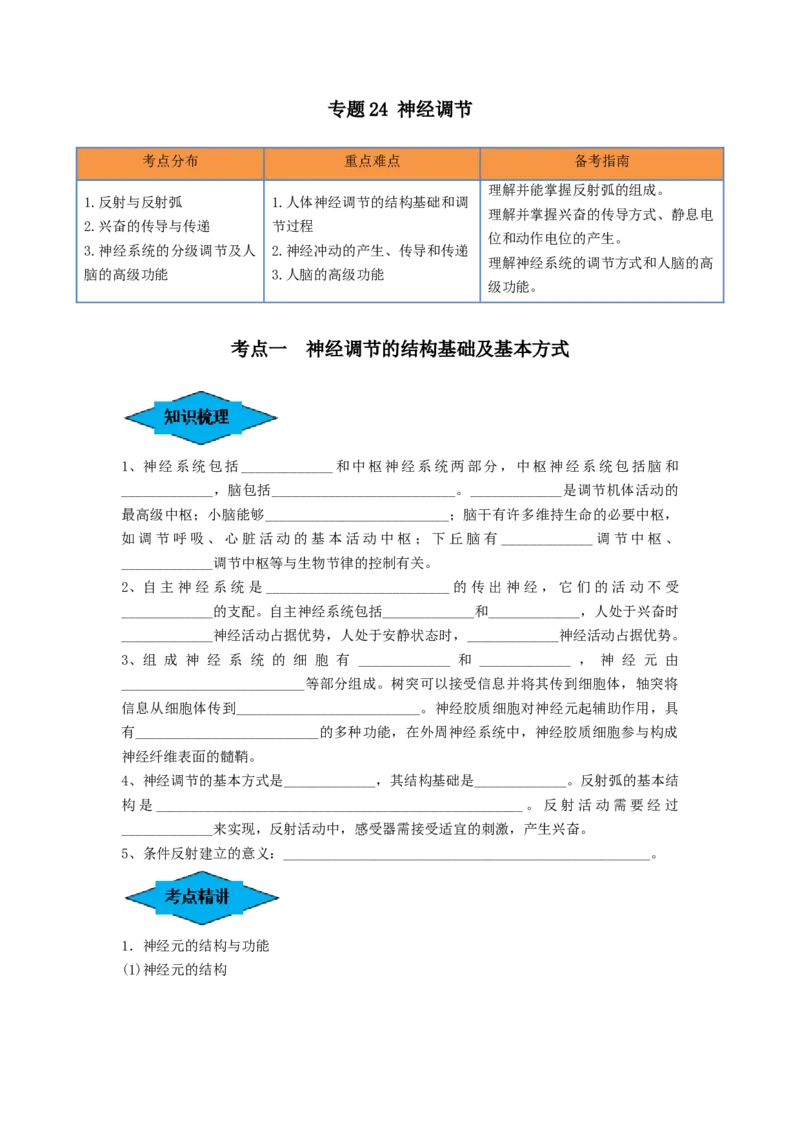 专题24神经调节（串讲）（原卷版）_2024年新高考资料_1.2024一轮复习_备战2024年高考生物一轮复习串讲精练（新高考专用）