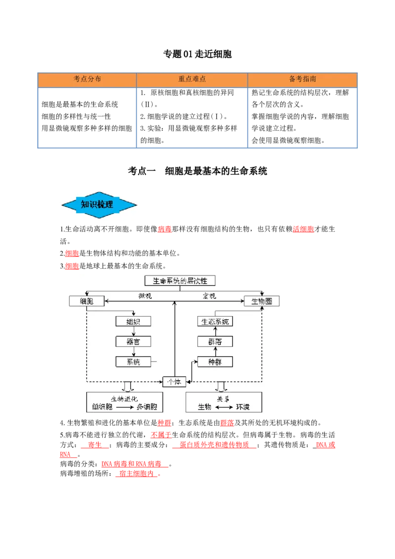 专题01走近细胞（串讲）（解析版）_2024年新高考资料_1.2024一轮复习_备战2024年高考生物一轮复习串讲精练（新高考专用）
