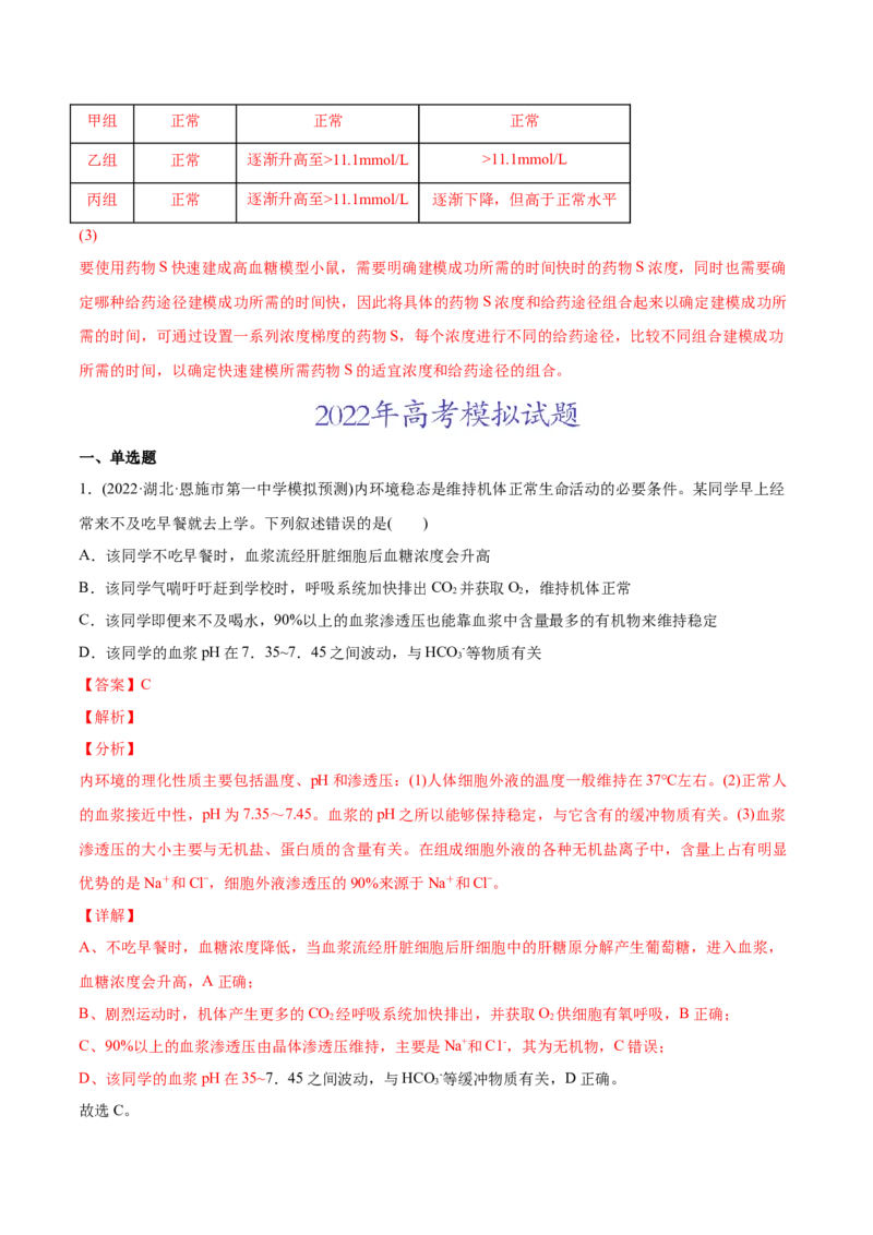 专题09动物生命活动的调节-2022年高考真题和模拟题生物分专题训练（教师版含解析）_2024年新高考资料_1.2024一轮复习_赠2022年高考生物真题与模拟题分类