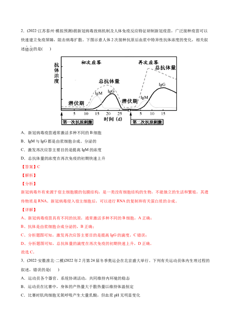 专题09动物生命活动的调节-2022年高考真题和模拟题生物分专题训练（教师版含解析）_2024年新高考资料_1.2024一轮复习_赠2022年高考生物真题与模拟题分类