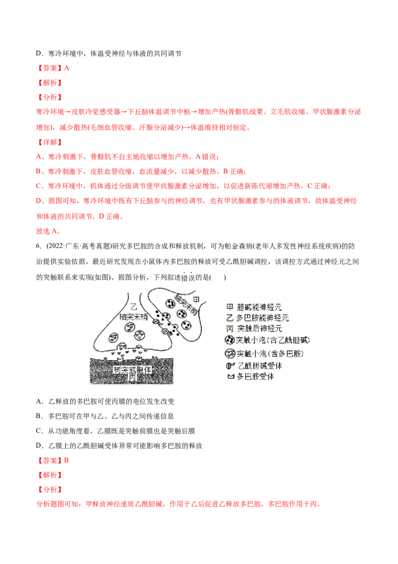 专题09动物生命活动的调节-2022年高考真题和模拟题生物分专题训练（教师版含解析）_2024年新高考资料_1.2024一轮复习_赠2022年高考生物真题与模拟题分类