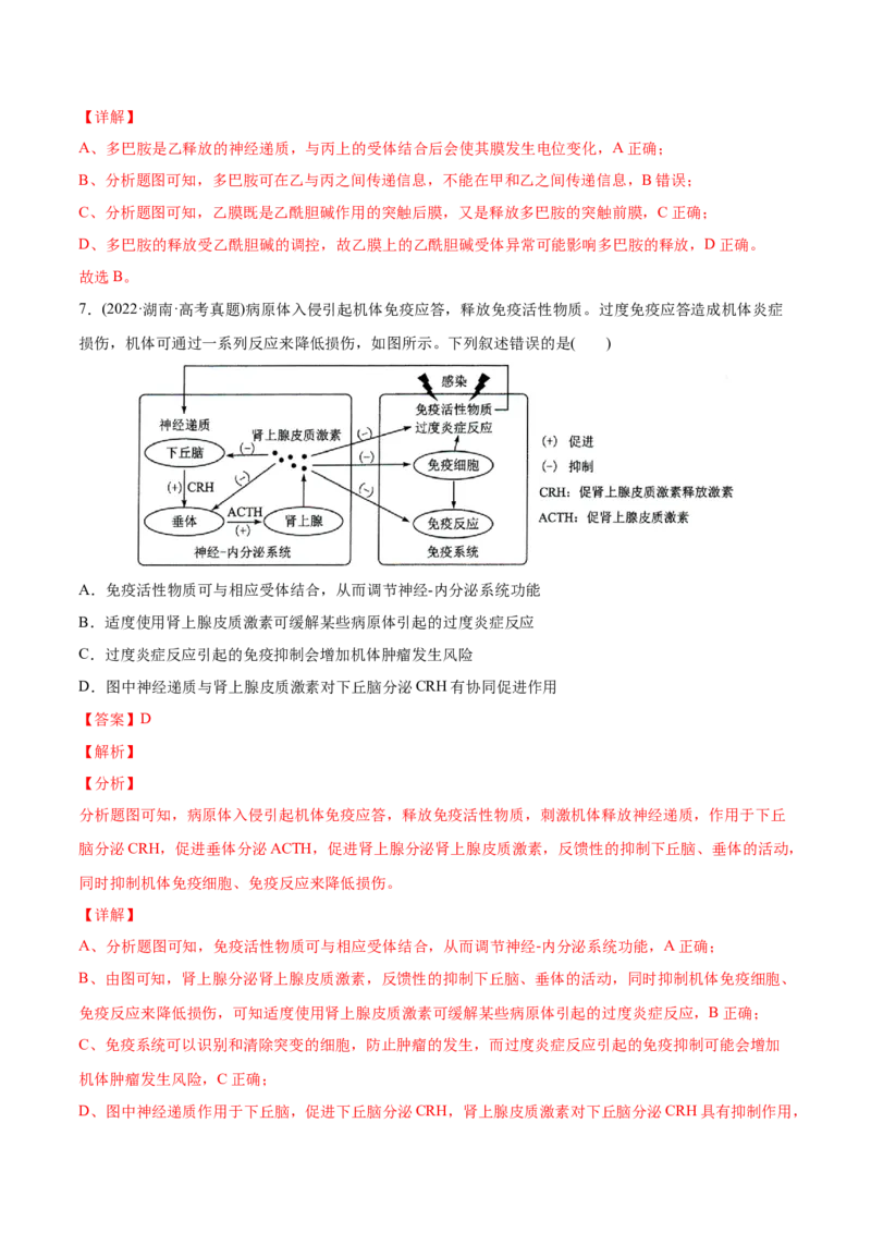 专题09动物生命活动的调节-2022年高考真题和模拟题生物分专题训练（教师版含解析）_2024年新高考资料_1.2024一轮复习_赠2022年高考生物真题与模拟题分类