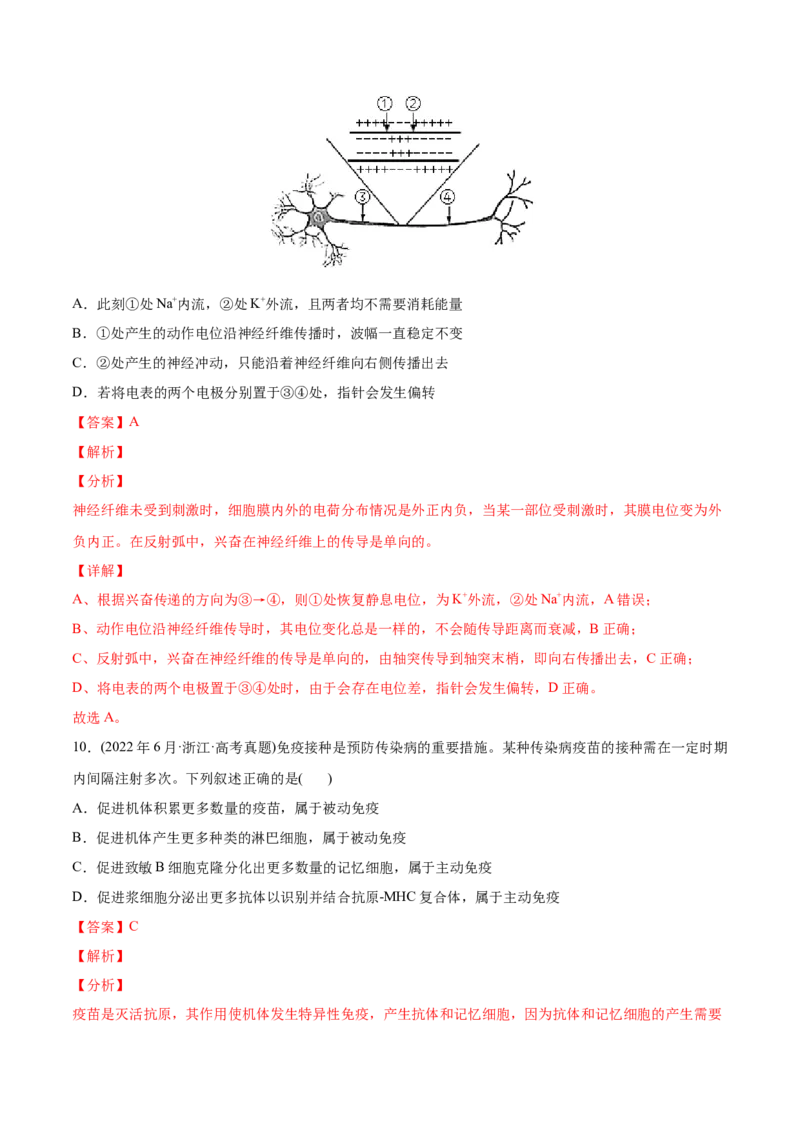 专题09动物生命活动的调节-2022年高考真题和模拟题生物分专题训练（教师版含解析）_2024年新高考资料_1.2024一轮复习_赠2022年高考生物真题与模拟题分类