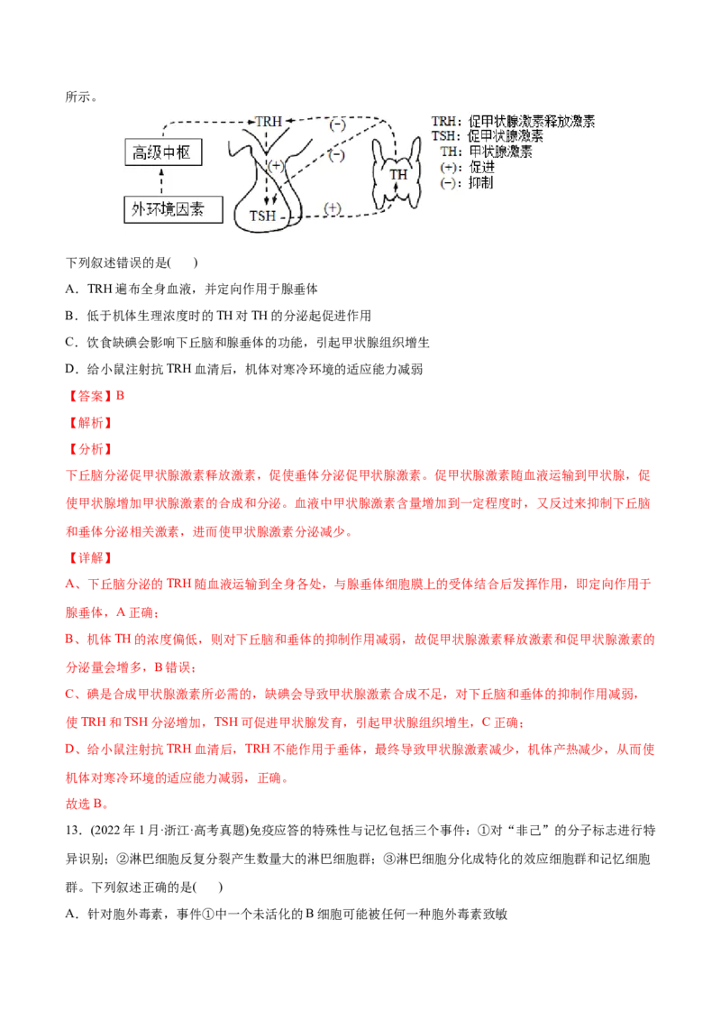 专题09动物生命活动的调节-2022年高考真题和模拟题生物分专题训练（教师版含解析）_2024年新高考资料_1.2024一轮复习_赠2022年高考生物真题与模拟题分类