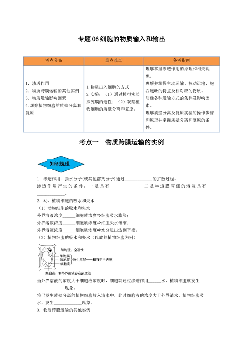 专题06细胞的物质输入和输出（串讲）（原卷版）_2024年新高考资料_1.2024一轮复习_备战2024年高考生物一轮复习串讲精练（新高考专用）