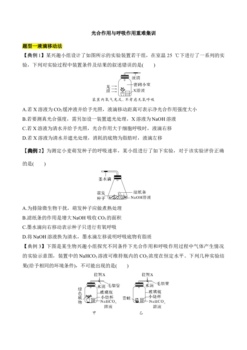 专题一光合作用与呼吸作用重难集训（原卷版）_2024年新高考资料_5.2024三轮冲刺_2024年高考生物考前最后冲刺