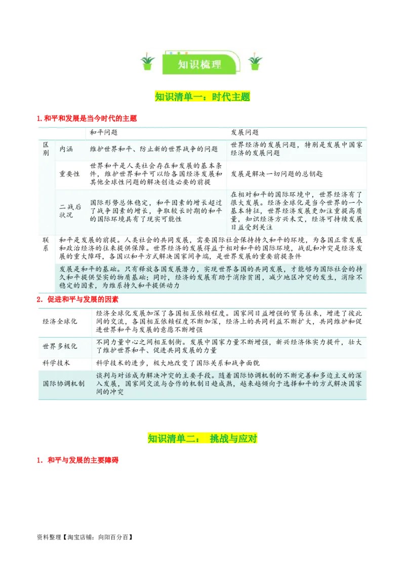 专题30和平与发展_新高考复习资料_2024年新高考资料_一轮复习资料_口袋书2024年高考政治一轮复习知识清单（新高考通用）