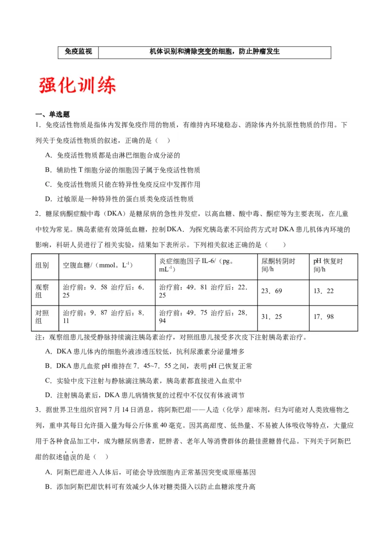 专题29免疫调节（原卷版)_2024年新高考资料_3.2024专项复习_备战2024年高考生物一轮复习重难点专项突破_专题29免疫调节-备战2024年高考生物一轮复习重难点专项突破