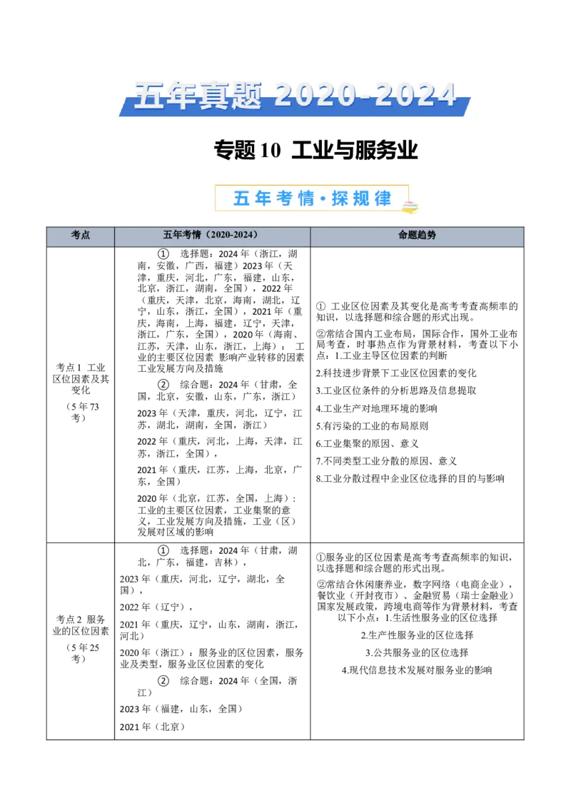 专题10工业和服务业+原卷版_2025年新高考资料_二轮复习_01高考语文等多个文件_2025年高三地理高考二轮复习专项提升_真题演练