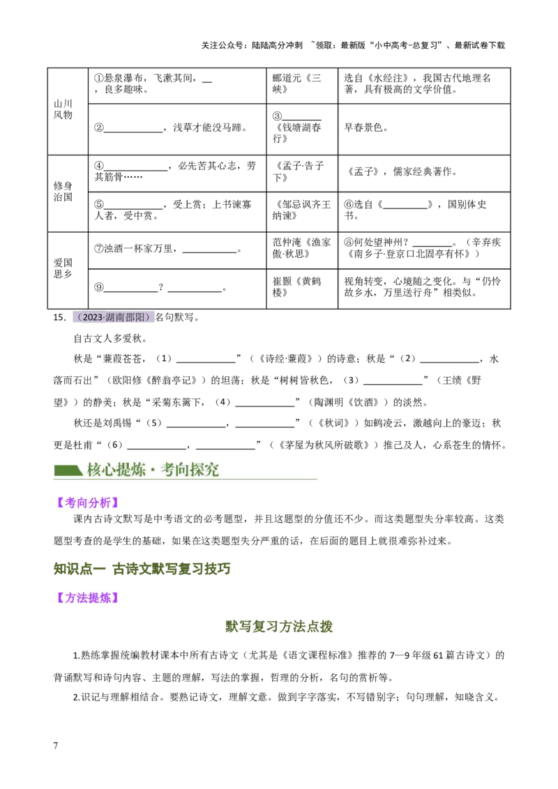 专题07名篇名句默写（讲练）-2024年中考语文二轮复习讲练测（全国通用）（原卷版）_02中考总复习（2026版更新中）_01-语文-中考总复习_2024年中考资料_二轮复习_讲义