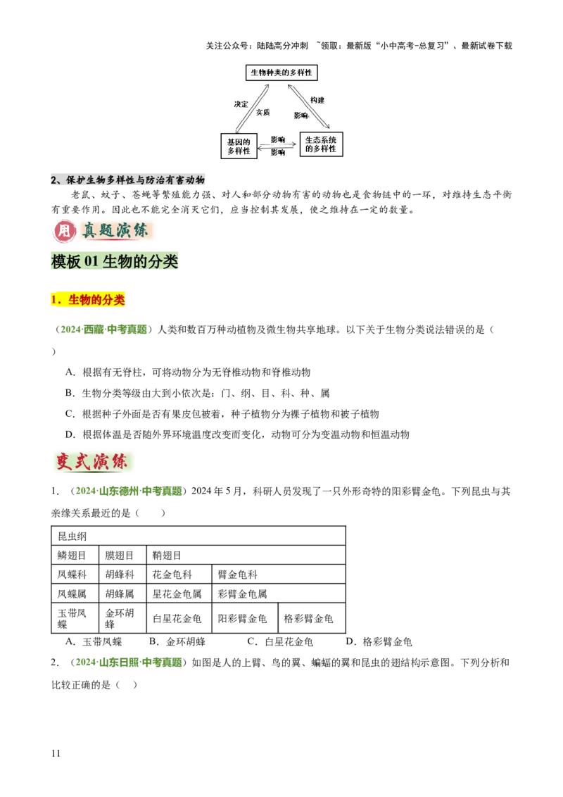 专题07生物的多样性（5大答题模板）（原卷版）_02中考总复习（2026版更新中）_08-生物-中考总复习_2025中考复习资料_2025年中考生物答题方法模板