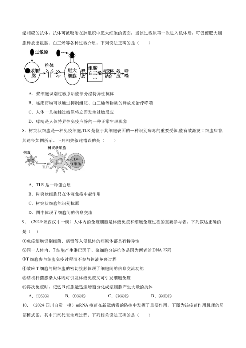 第12讲免疫调节（练习）（原卷版）_2024年新高考资料_2.2024二轮复习_2024年高考生物二轮复习讲练测（新教材新高考）