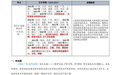 专题02（地球运动）+原卷版_2025年新高考资料_二轮复习_2025年高三地理高考二轮复习专项提升（新高考通用）3405802_真题演练