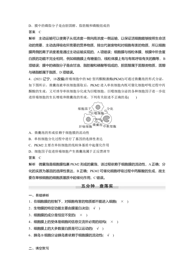 2023年高考生物一轮复习（新人教新高考）第2单元第1课时　细胞膜的结构和功能_新高考复习资料_2023年新高考复习资料_一轮复习_2023年新高考大一轮复习讲义