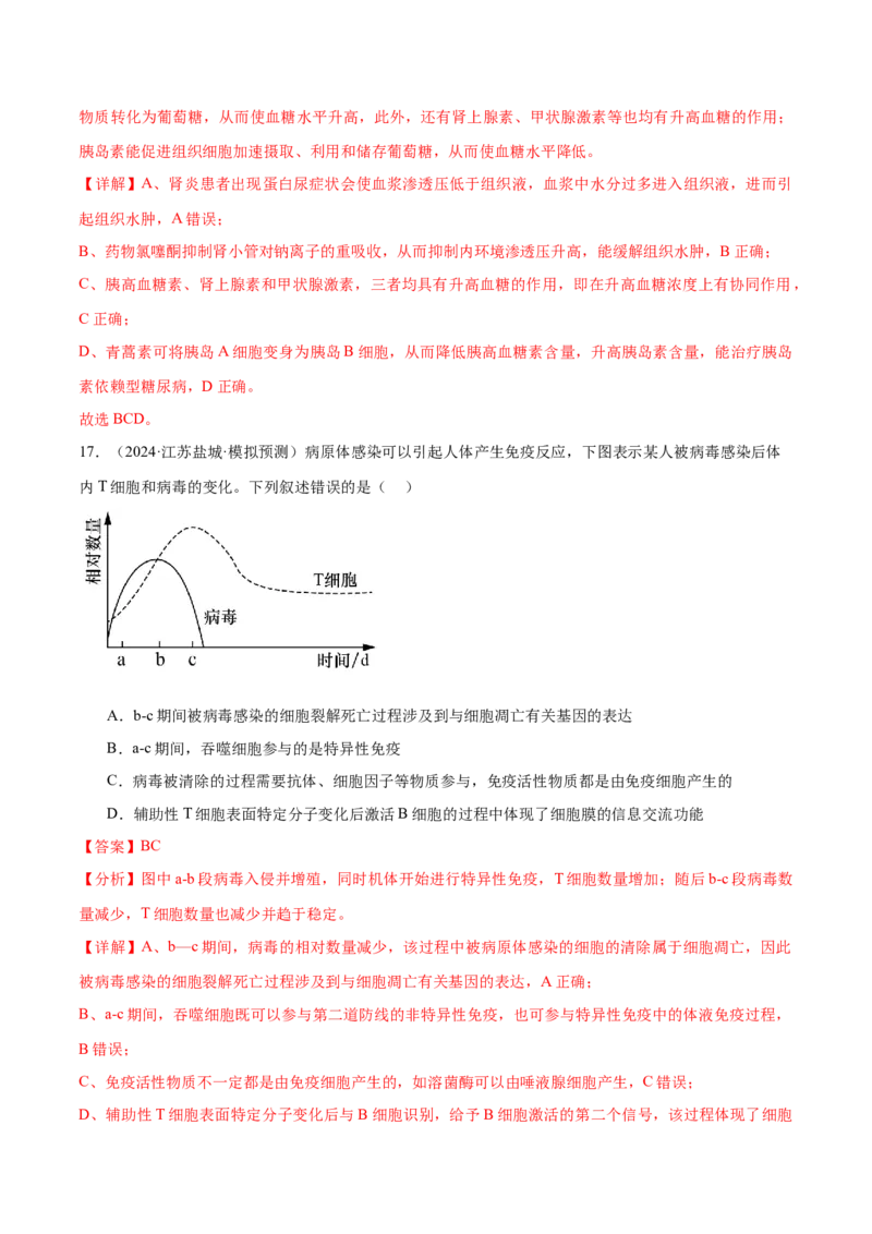 押江苏卷选择题稳态与调节（解析版）_2024年新高考资料_5.2024三轮冲刺_备战2024年高考生物临考题号押题（江苏专用）322855714
