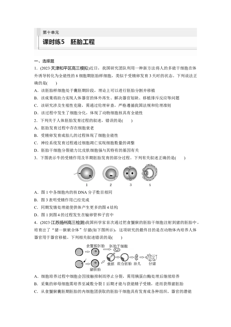 第10单元　课时练5　胚胎工程_2024年新高考资料_1.2024一轮复习_2024年高考生物一轮复习讲义（新人教版）_学生版在此文件夹_一轮复习69练_第十单元　生物技术与工程