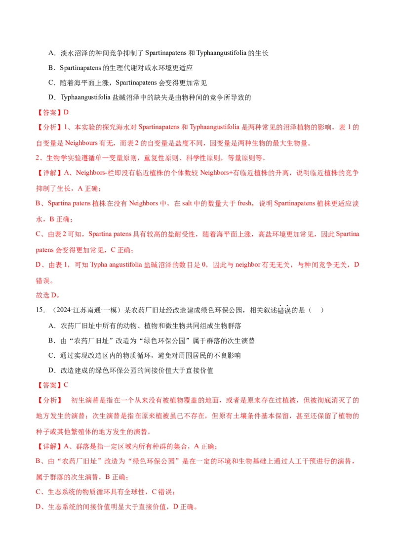 押江苏卷选择题生物与环境（解析版）_2024年新高考资料_5.2024三轮冲刺_备战2024年高考生物临考题号押题（江苏专用）322855714