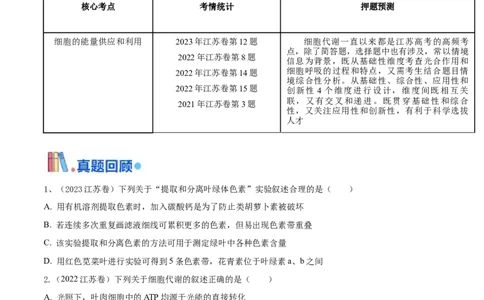 押江苏卷选择题细胞的能量供应和利用（原卷版）_2024年新高考资料_5.2024三轮冲刺_备战2024年高考生物临考题号押题（江苏专用）322855714