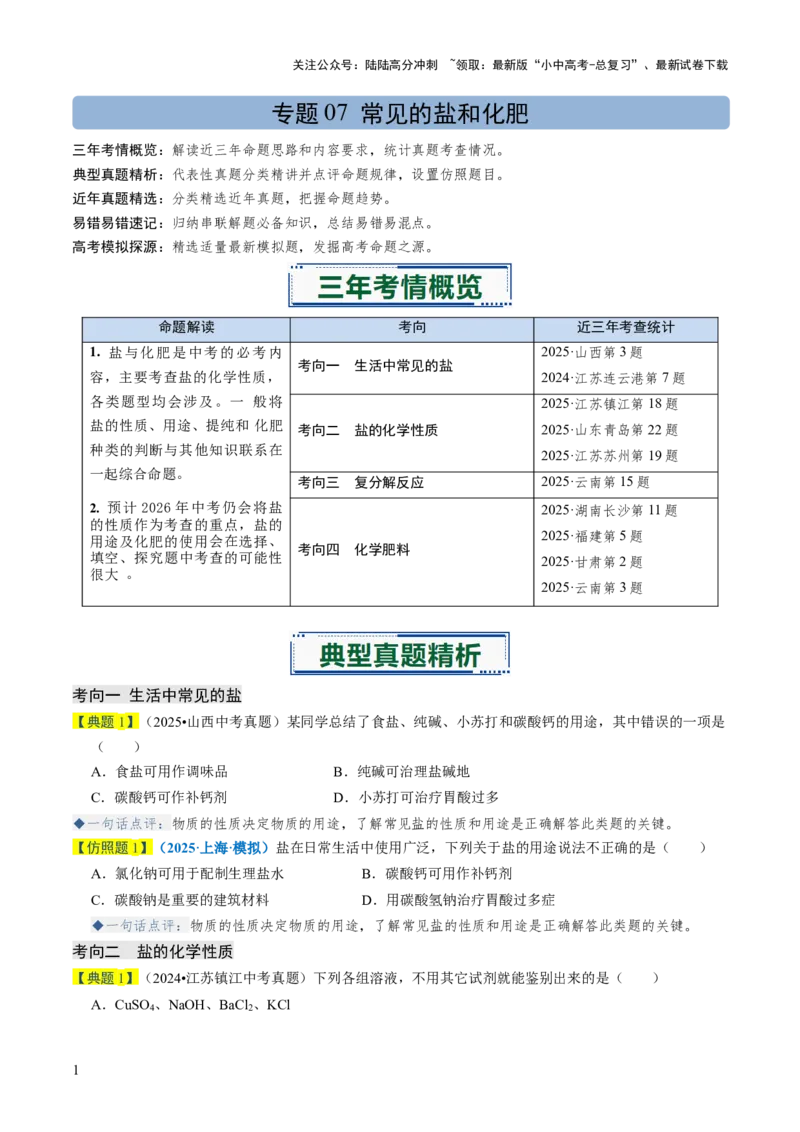 专题07常见的盐和化肥（原卷版）_02中考总复习（2026版更新中）_05-化学-中考总复习_2026年中考复习（更新中）_备战2026年中考化学真题题源解密