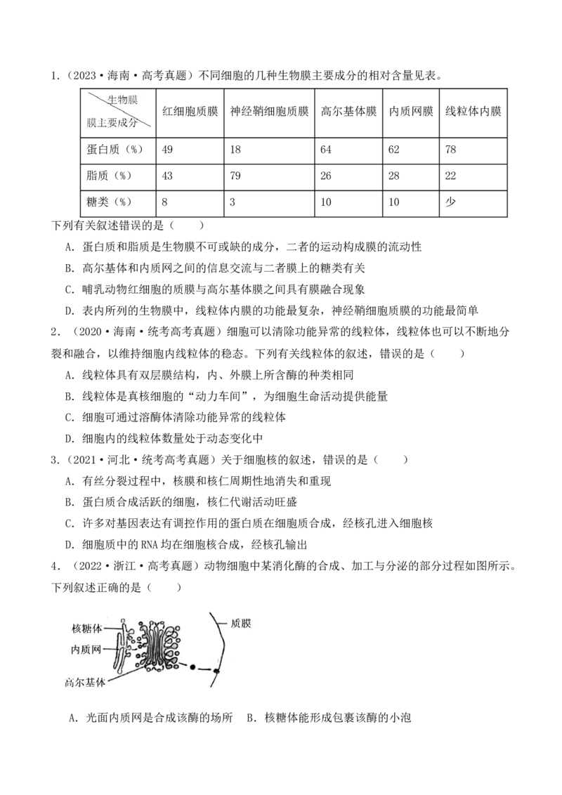 第02讲细胞的基本结构、功能与物质进出细胞的方式（讲义）原卷版_2024年新高考资料_2.2024二轮复习_2024年高考生物二轮复习讲练测（新教材新高考）