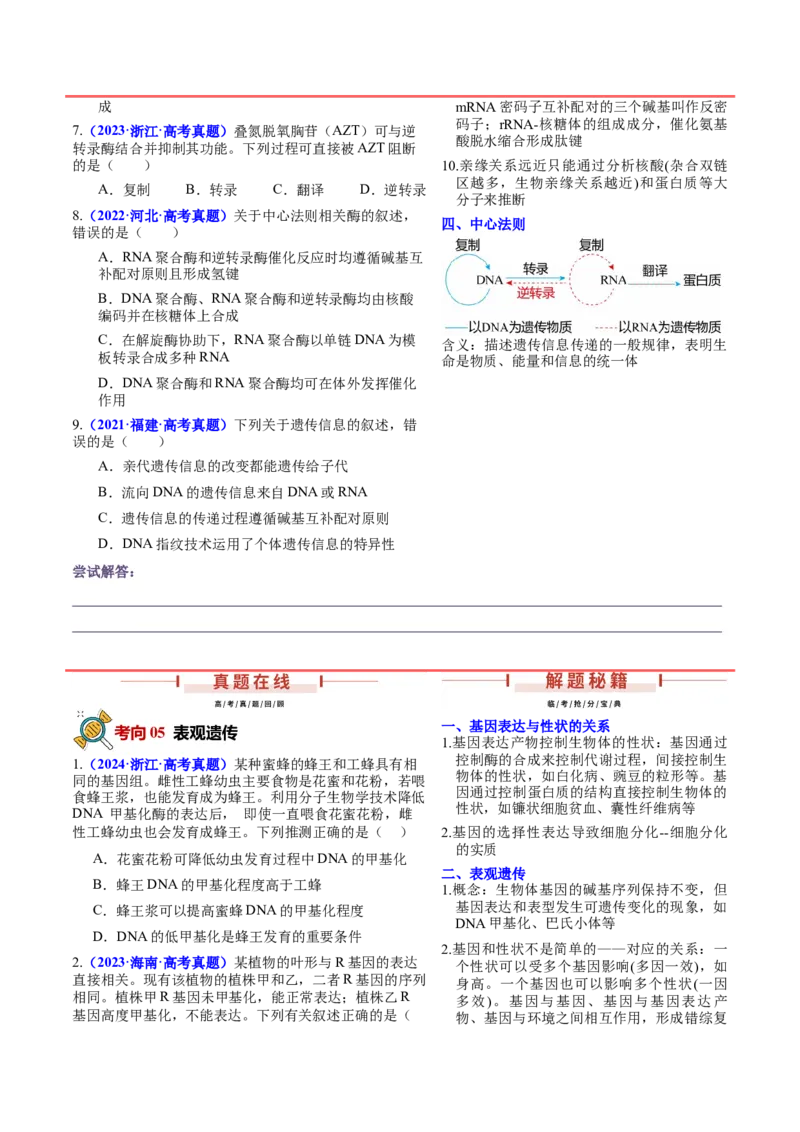押新高考卷遗传的分子基础（原卷版）-备战2024年高考生物临考题号押题（新高考通用）_2024年新高考资料_5.2024三轮冲刺_备战2024年高考生物临考题号押题（新高考通用）322745222