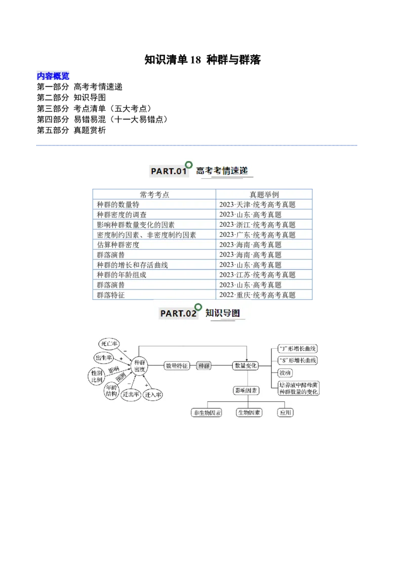 知识清单18种群与群落（原卷版）_2024年新高考资料_1.2024一轮复习_2024年高考生物一轮复习知识清单