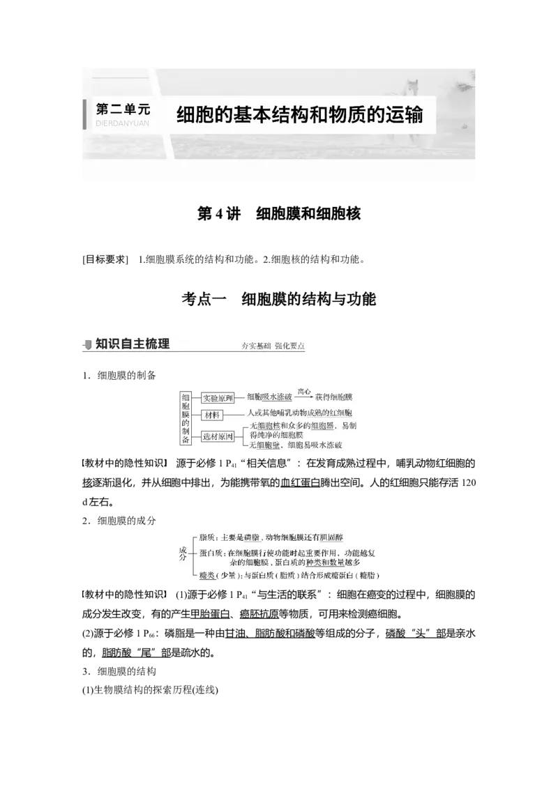 2022年高考生物一轮复习第2单元第4讲　细胞膜和细胞核_新高考复习资料_2022年新高考复习资料_2022年一轮复习最新版_1.2022年高考生物一轮复习全国通用版